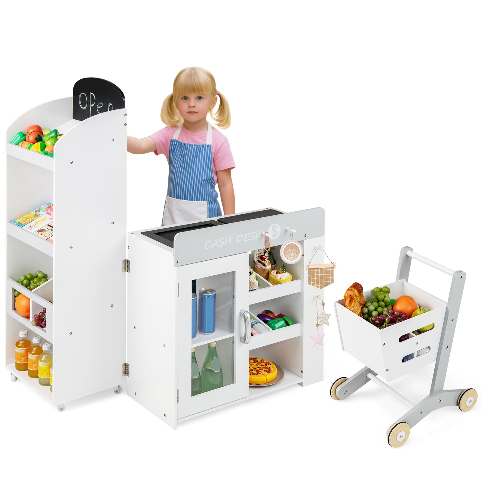 HOGEBABY Kids Grocery Store Playset Convertible Wooden Play Store w/Shopping Cart