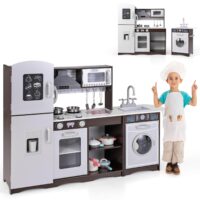 HOGEBABY 2-Piece Play Kitchen for Kids, Wooden Toy Kitchen Set with Washing Machine, Kids Kitchen Playset with Sounds & Lights