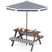 HOGEBABY Wooden Toddler Outdoor Table & Bench Set with Removable Umbrella & Cushions