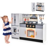 HOGEBABY 2-Piece Play Kitchen, Wooden Toy Kitchen Set with Refrigerator