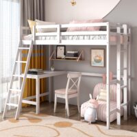HOGEBABY Loft Bed with Desk, Wooden Twin Size Loft Bed