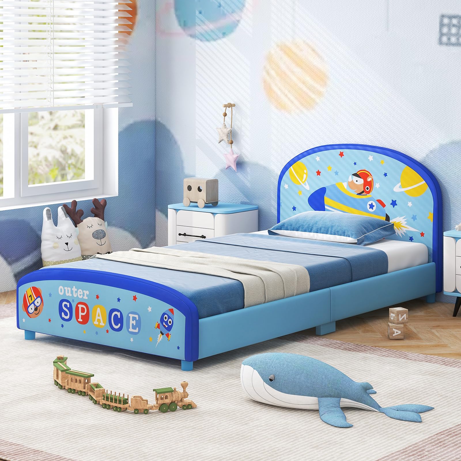 HOGEBABY Twin Bed Frames for Kids, Wood Upholstered Twin Bed Platform with Slat Support, Fits Standard Twin Mattress