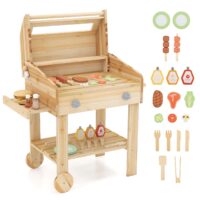 HOGEBABY Kids Grill Playset with Wheels, Wooden Kids BBQ Grill Playset with Play FoodWith Wheels