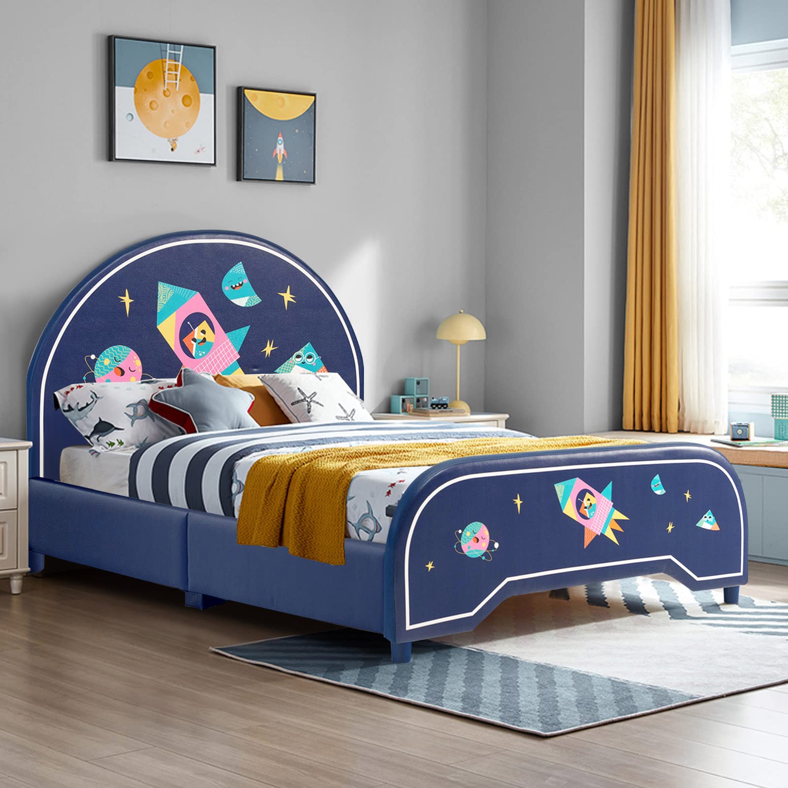 HOGEBABY Twin Bed Frames for Kids, Wood Upholstered Twin Bed Platform with Slat Support - Image 4