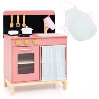 HOGEBABY Kids Kitchen Playset Wooden Kitchen Playset w/Door Curtain
