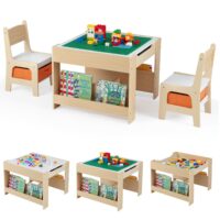 HOGEBABY 4 in 1 Kids Table and Chairs Reversible Graffiti & Building Blocks Tabletop Storage Drawers and Bookshelves