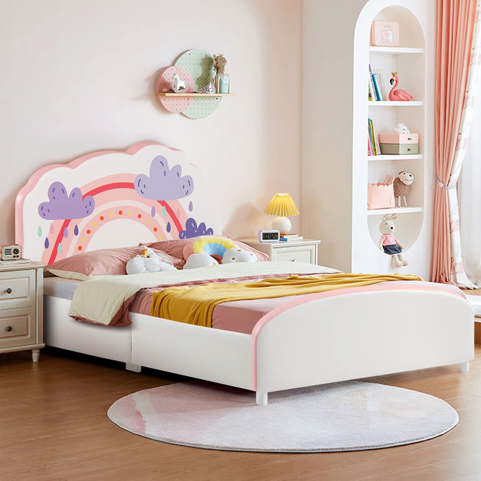 HOGEBABY Twin Bed Frames for Kids, Wood Upholstered Twin Bed Platform with Slat Support - Image 12