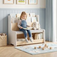HOGEBABY Kids Reading Nook with Bench | Toddler Toy Storage Organizer w/Bookshelf & 2 Cubbies
