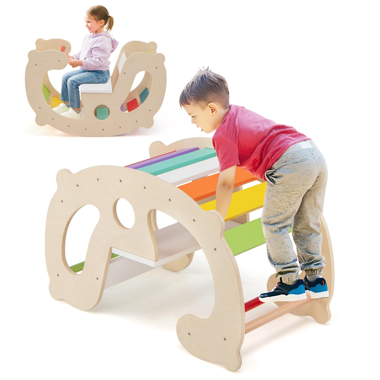 HOGEBABY 2-in-1 Toddler Rocking Arch, Montessori Climbing Set & Wooden Rocking Horse Toy with Backrest & Seat