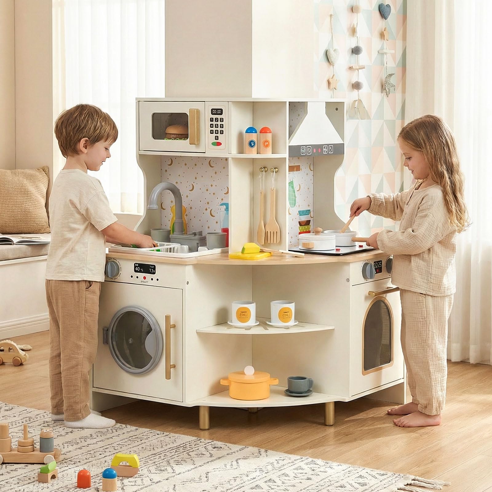 HOGEBABY Corner Play Kitchen Wooden Toy Cooking Set - Image 2