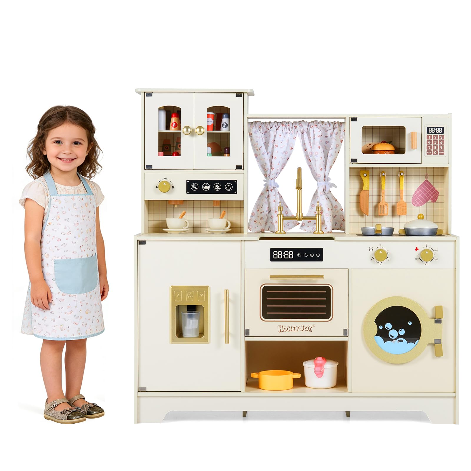 HOGEBABY Wooden Toy Kitchen Playset w/Ice Makerfor Boys and Girls Aged 3+