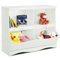 HOGEBABY 4-Cubby Kids Bookcase with Footboard, Multi-Bin Children's Organizer Shelf with 2 Shelf and 4 Bin (White)