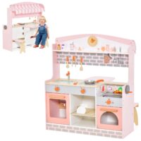 HOGEBABY Double-Sided Play Kitchen & Restaurant Toy Set, 2 in 1 Wooden Pretend Diner Set