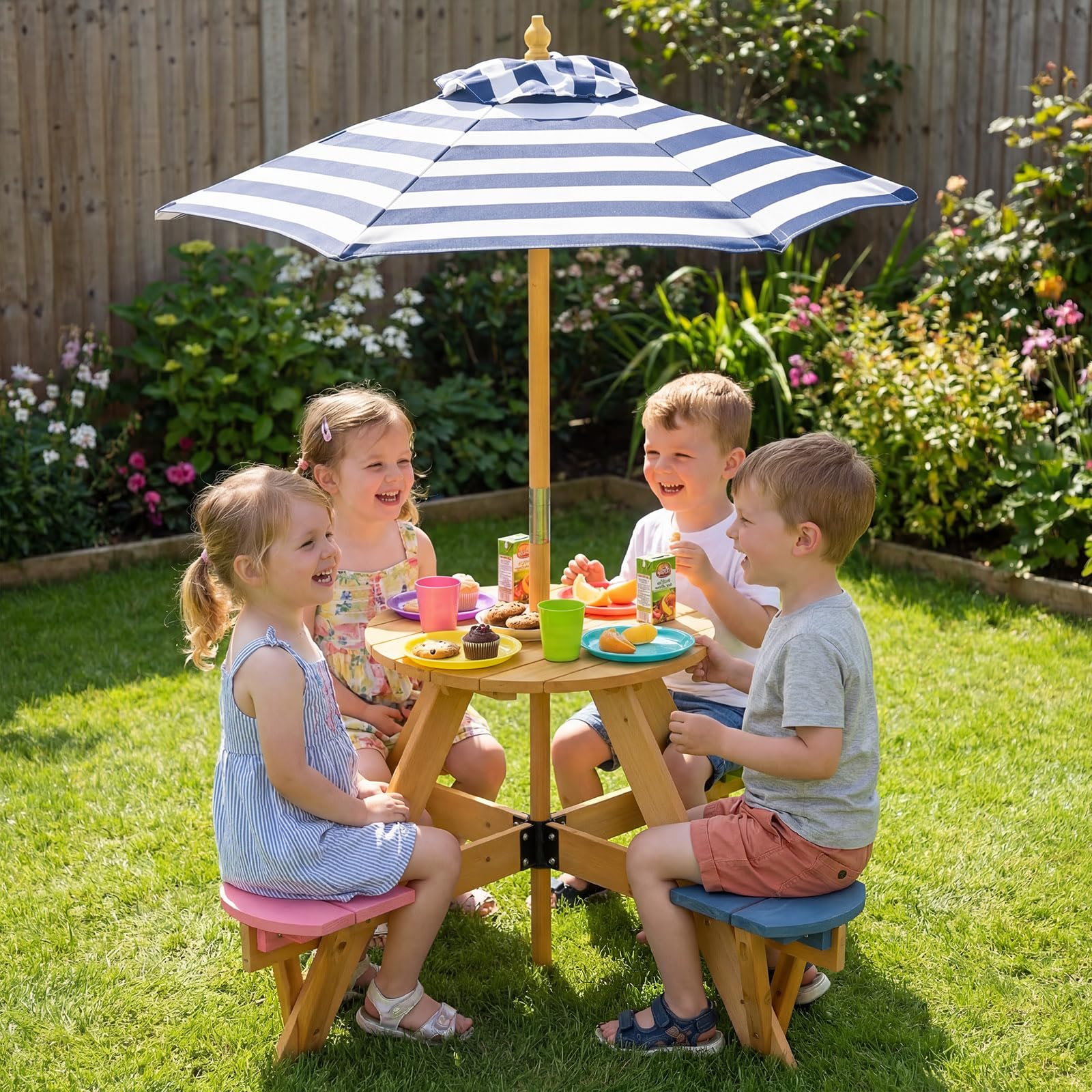HOGEBABY Kids Picnic Table | 4-Person Wooden Toddler Outdoor Table & Stool Set with Adjustable Umbrella - Image 2