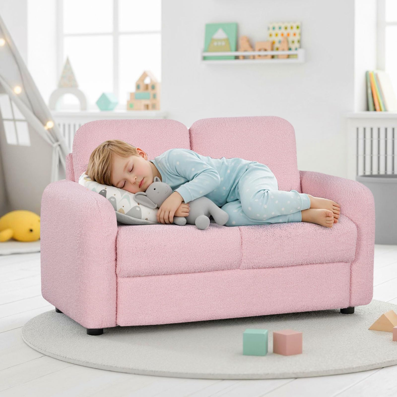 HOGEBABY Kids Pink Couch Toddler Armrest Chair w/Teddy Fleece Upholstery & Solid Wooden Frame - Image 2