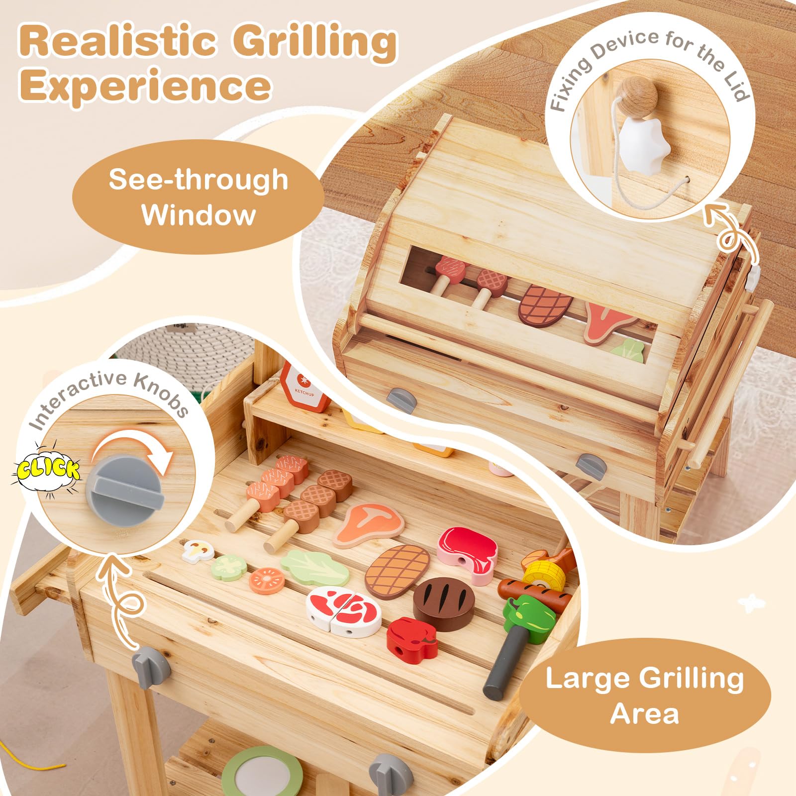 HOGEBABY Kids Grill Playset with Wheels, Wooden Kids BBQ Grill Playset with Play FoodWith Wheels - Image 2