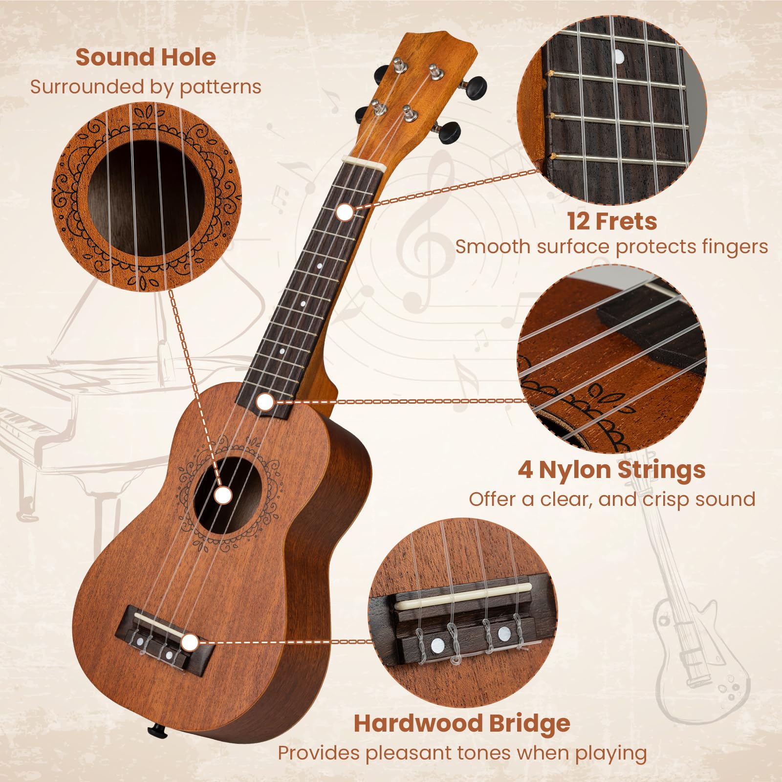 HOGEBABY 21 Inch Soprano Mahogany Ukelele with Gig Bag - Image 2