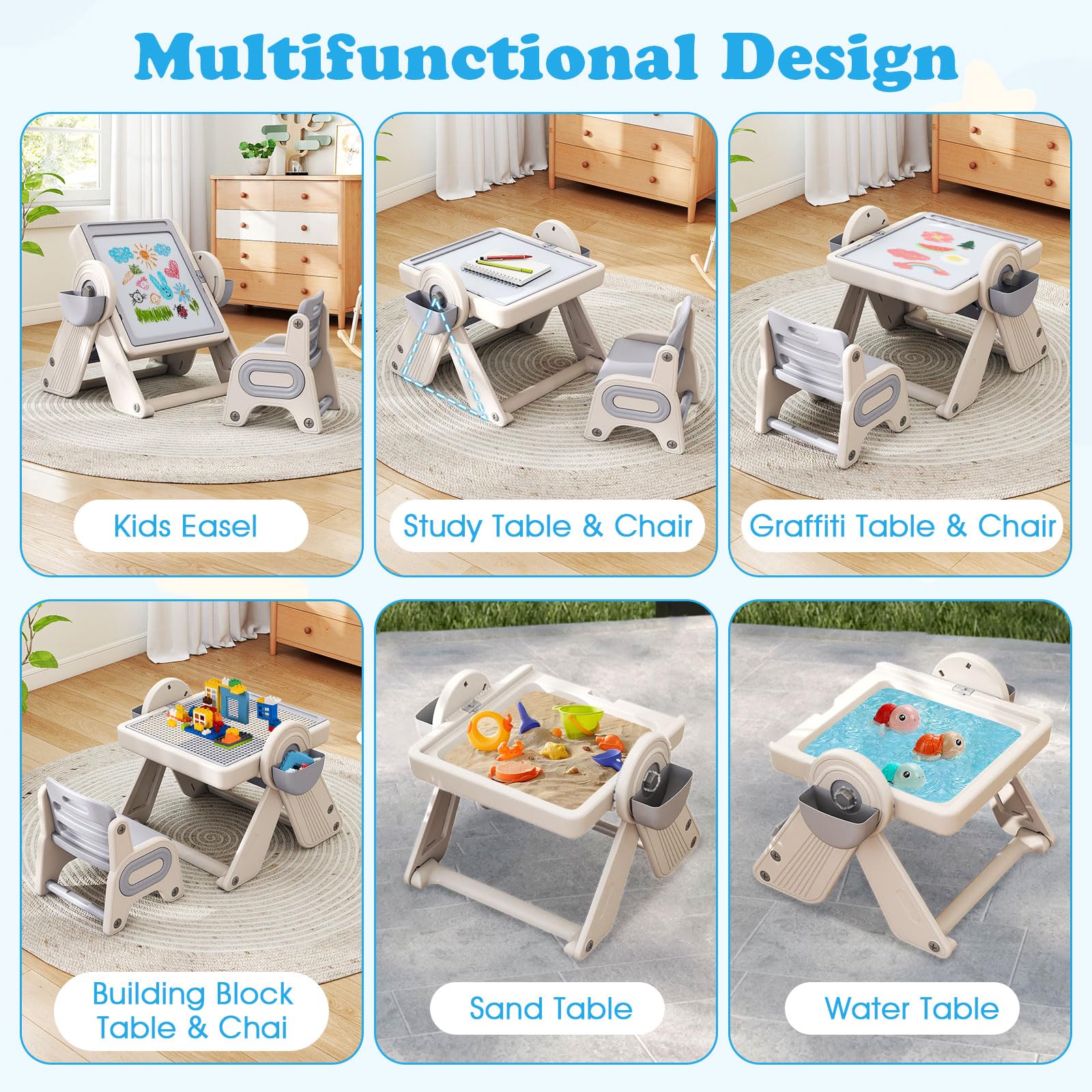 HOGEBABY 6-in-1 Kids Table and Chair Folding Height-Adjustable Art Easel w/Reversible Building Block Tabletop & Whiteboard - Image 2