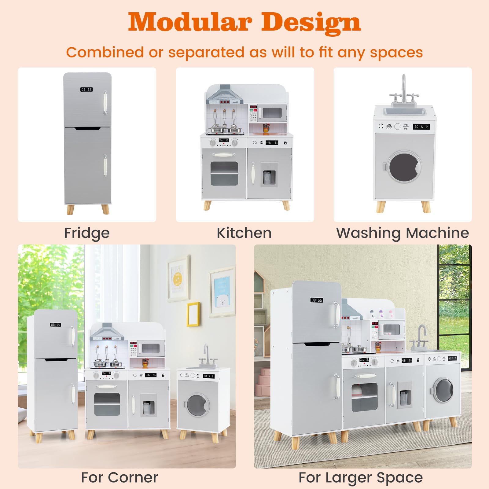 HOGEBABY 3-Piece Play Kitchen for Kids, Wooden Toy Kitchen Set with Refrigerator - Image 2