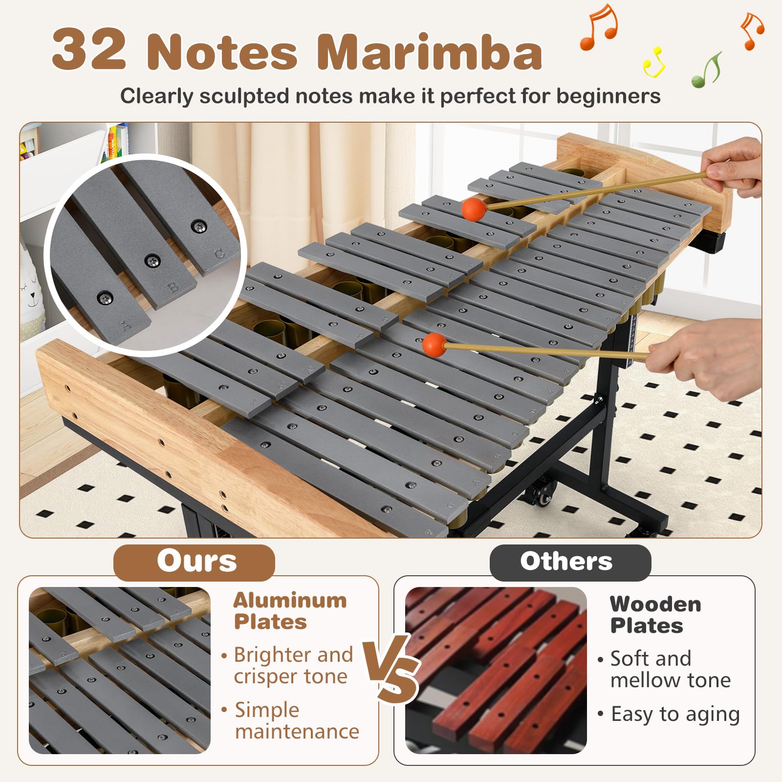 HOGEBABY 32 Note Marimba Rubber Wood Base & Resonance Tubes Adjustable Stand & Lockable Wheels - Image 3