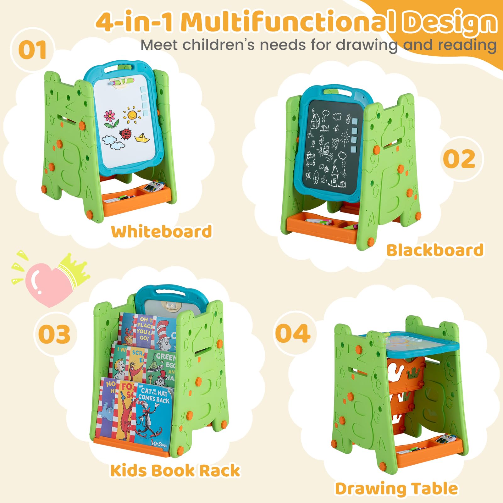 HOGEBABY 4 in 1 Art Easel for Kids | Chalkboard & Whiteboard w/ Book Rack & Art Accessories - Image 4