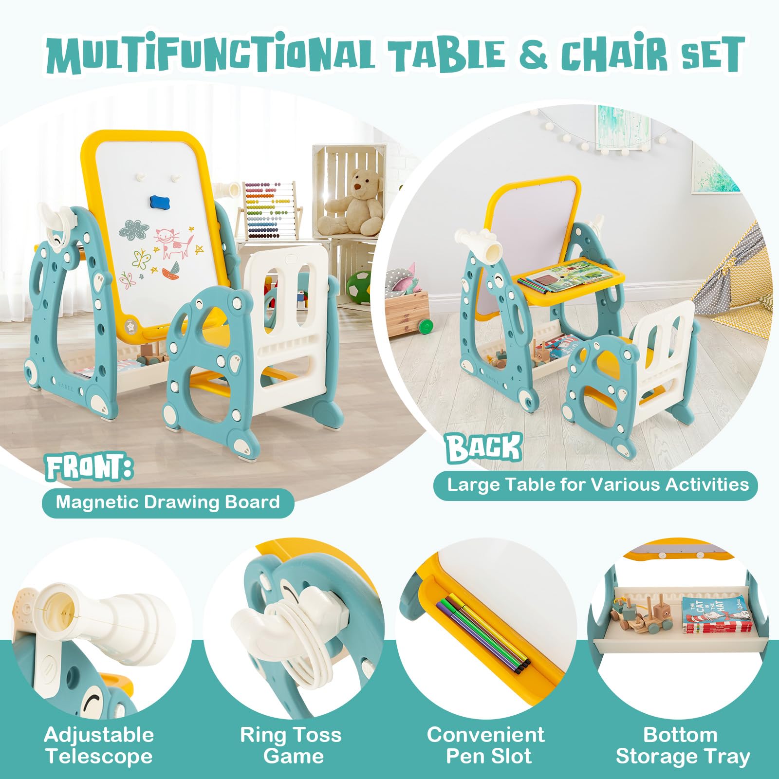 HOGEBABY 4 in 1 Kids Art Easel, Kids Table and Chair Set with Adjustable Whiteboard, Easel for Toddlers - Image 4