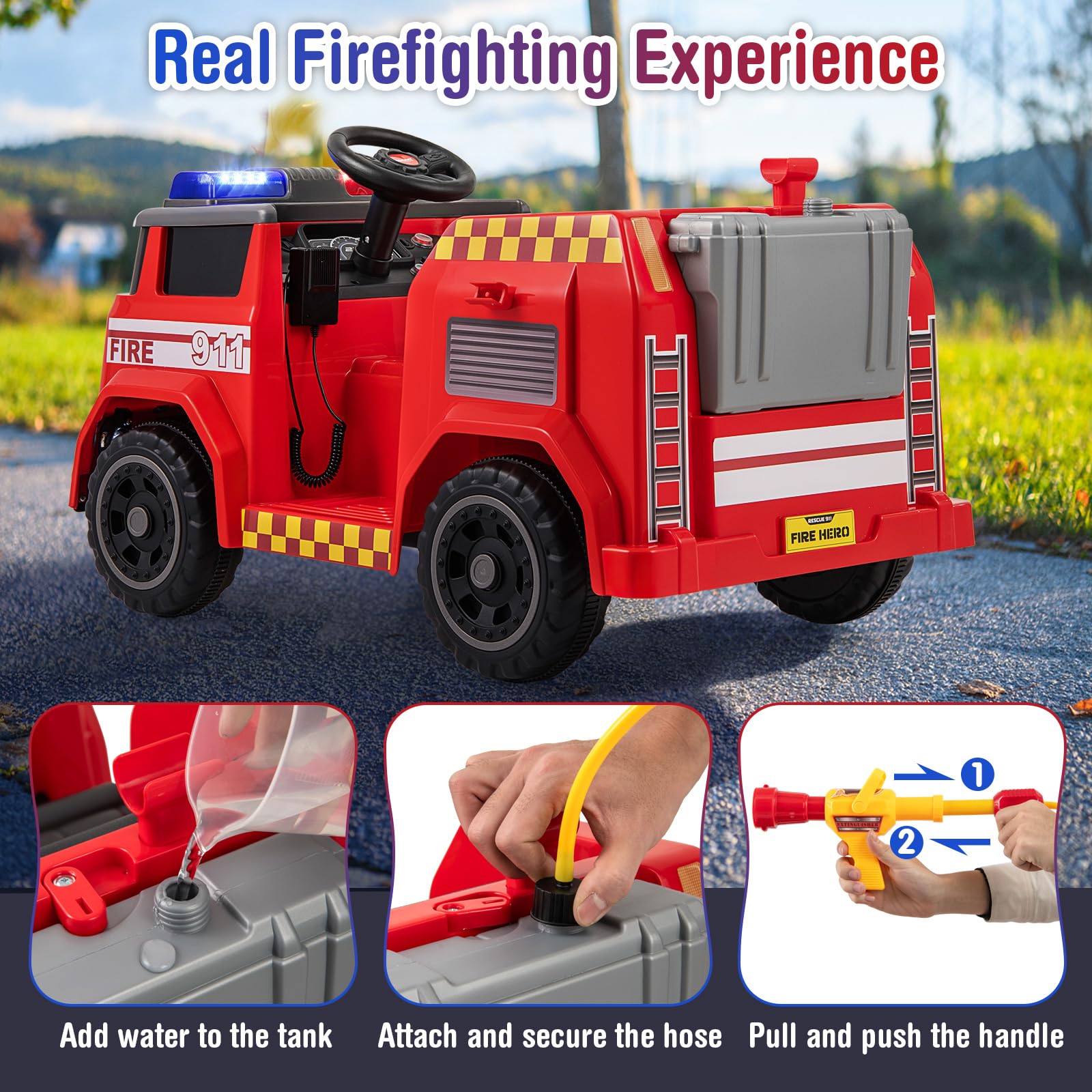 HOGEBABY 12V Battery Powered Fire Car Toy with Water Gun & Tank - Image 3