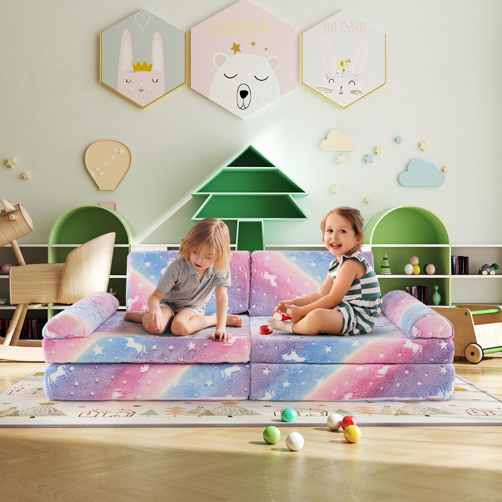 HOGEBABY 8 Pcs Modular Glow in The Dark Toddler Sectional Sofa with Handles - Image 2
