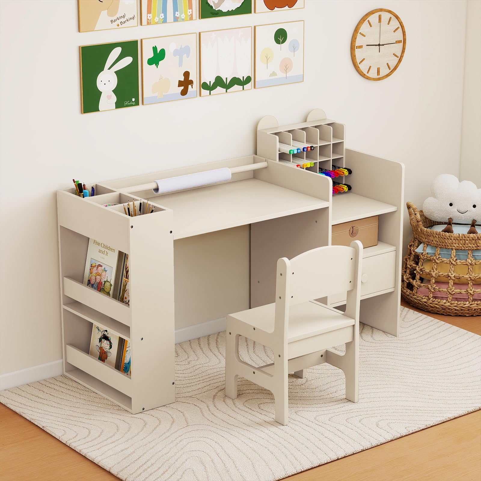 HOGEBABY Kids Desk and Chair Set Art Activity Desk Set with Detachable Paper Roll Holder - Image 2