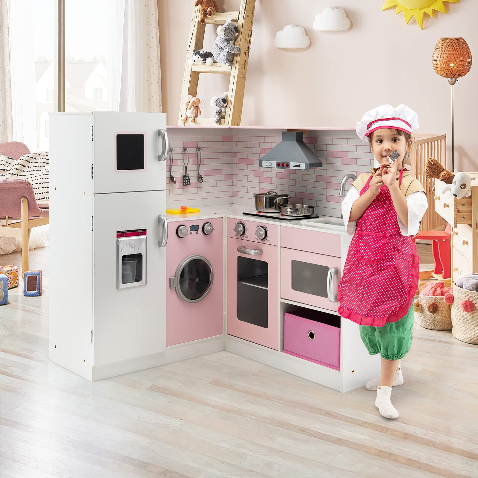 HOGEBABY Kids Corner Kitchen Playset, Wooden Pretend Play Kitchen Toy Set - Image 10