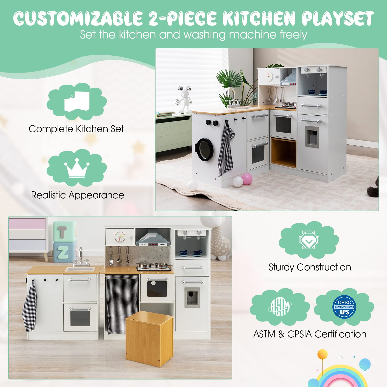 HOGEBABY Kids Corner Kitchen Playset, Wooden Pretend Play Kitchen Toy Set - Image 2