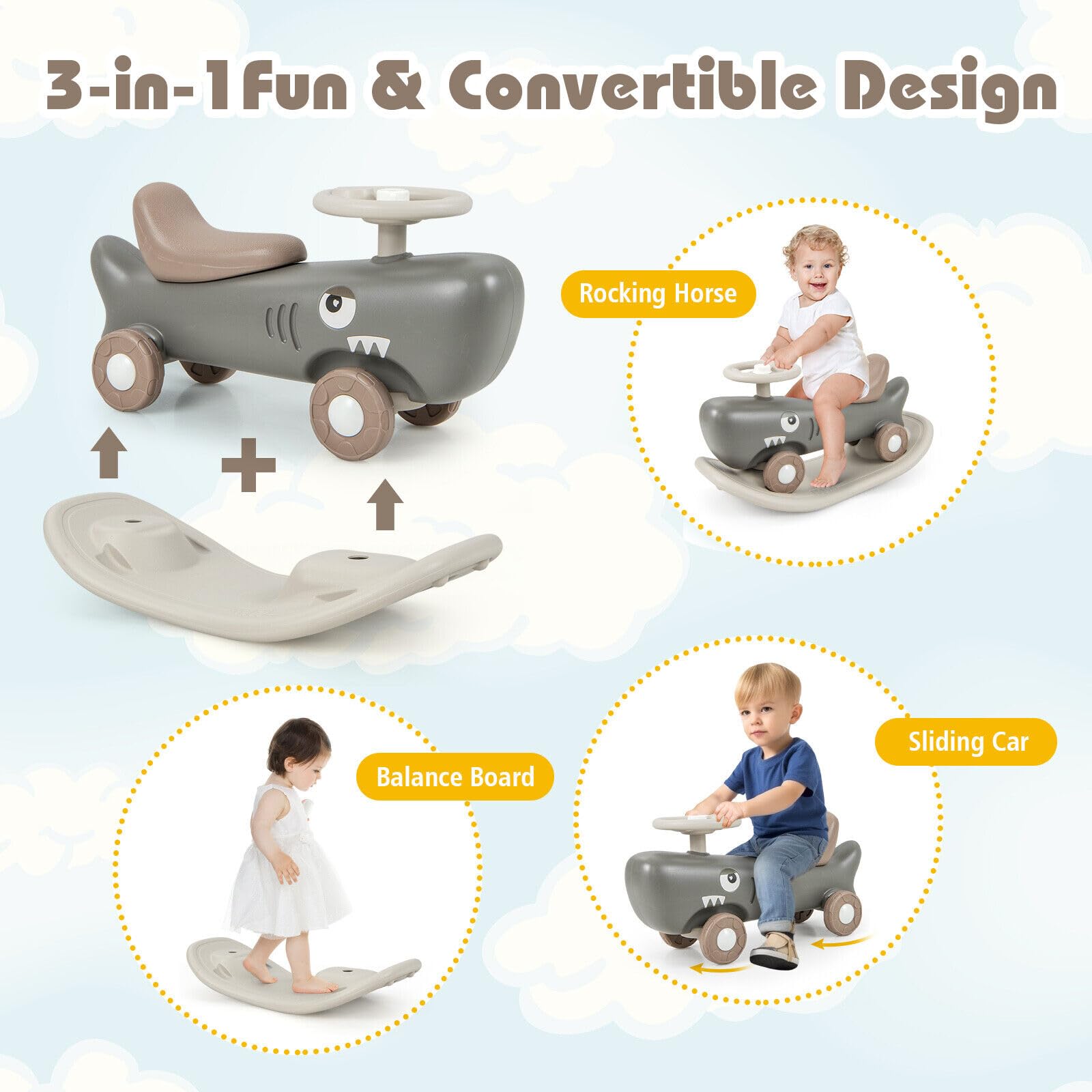HOGEBABY 3 in 1 Rocking Horse, Ride On Push Car for Toddlers, Shark Rocking Sliding Toy Set for Boys Girls - Image 2