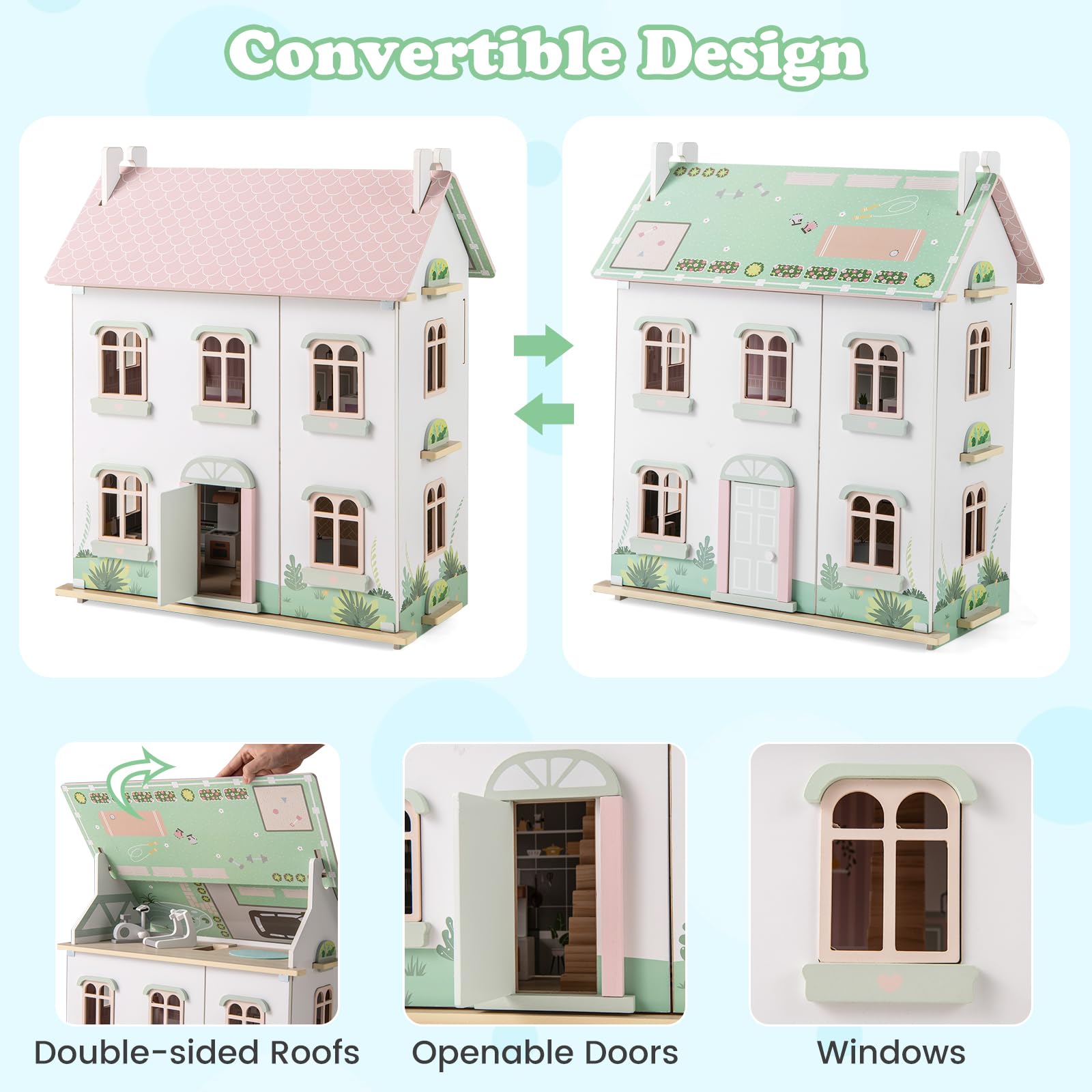 HOGEBABY Wooden Dollhouse for Kids, 3-Level Dollhouse Playset with Double-Sided Roofs - Image 2
