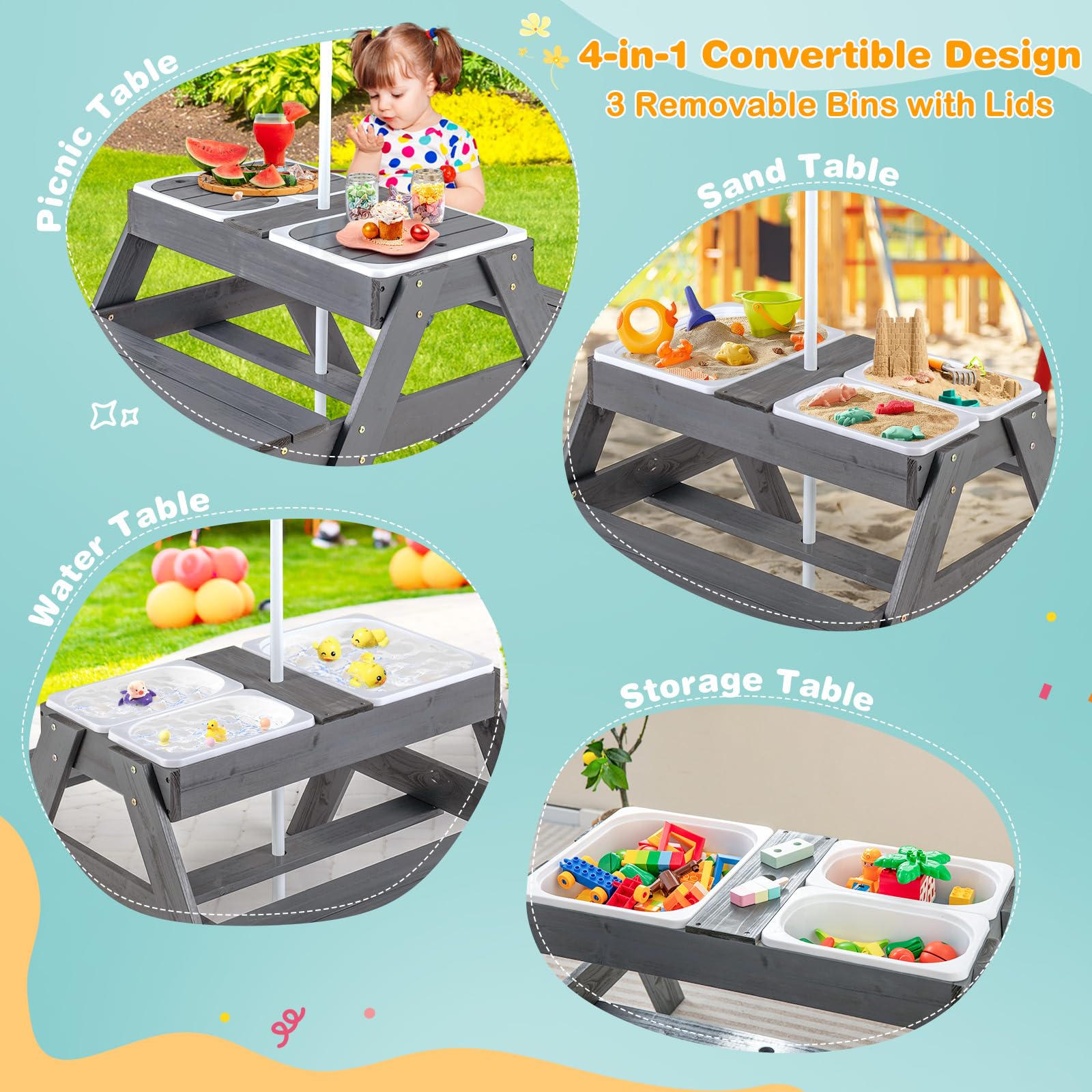 HOGEBABY Kids Picnic Table, 4 in 1 Sand & Water Table w/Adjustable Umbrella - Image 4