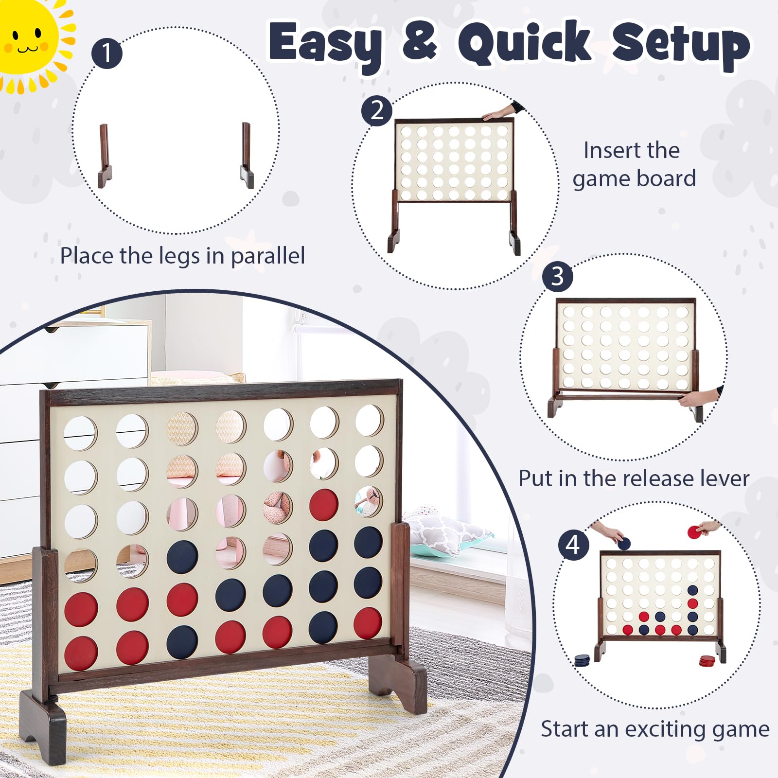 HOGEBABY Giant 4-in-a-Row Game Set, Wooden Jumbo 4-to-Score Game with 42 PCS Chips & 600D Oxford Fabric Carrying Bag - Image 4