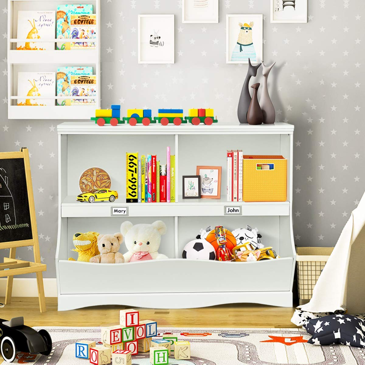 HOGEBABY 4-Cubby Kids Bookcase with Footboard, Multi-Bin Children's Organizer Shelf with 2 Shelf and 4 Bin (White) - Image 2