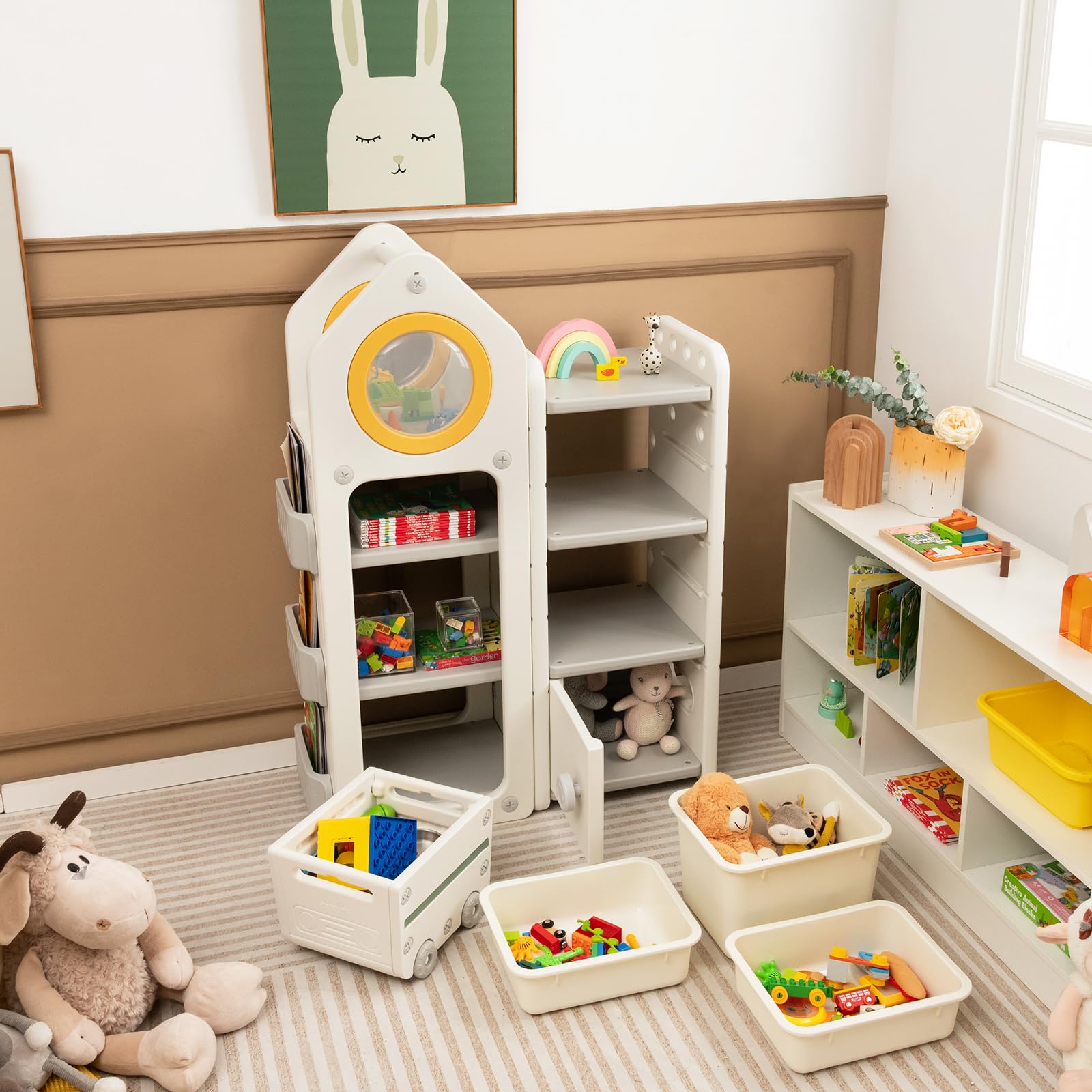 HOGEBABY Kids Toy Storage Organizer and Bookshelf, Multipurpose Shelf with Mobile Truck, Storage Bins & Cabinet - Image 2