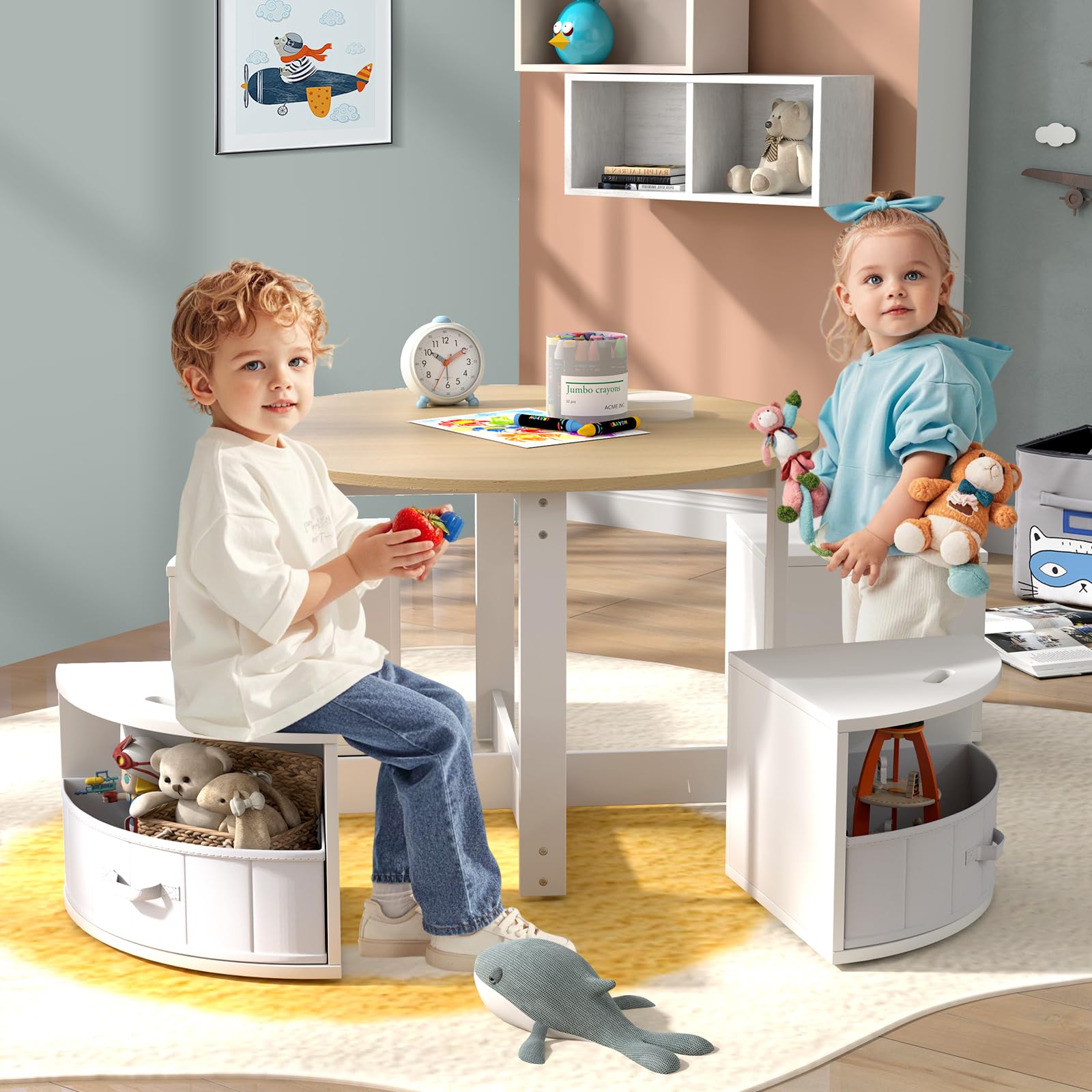 HOGEBABY Kids Table and Chairs, 5 Pieces Wooden Round Children Nesting Table with 4 Storage Stools & 4 Fabric Drawers for Activity - Image 2