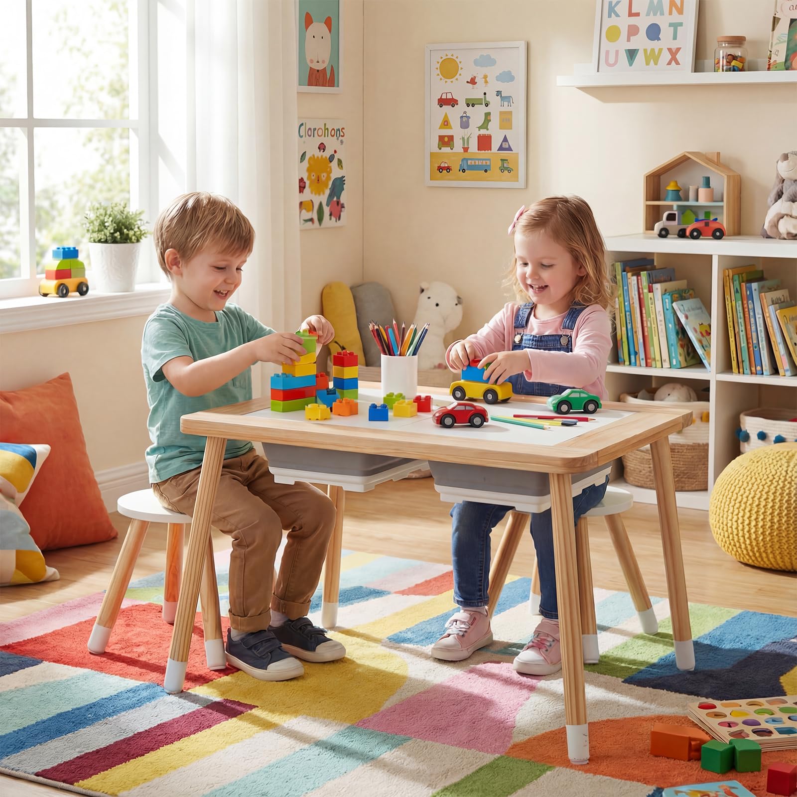 HOGEBABY Sensory Table and Chairs Wooden Kids Activity Table Set - Image 2