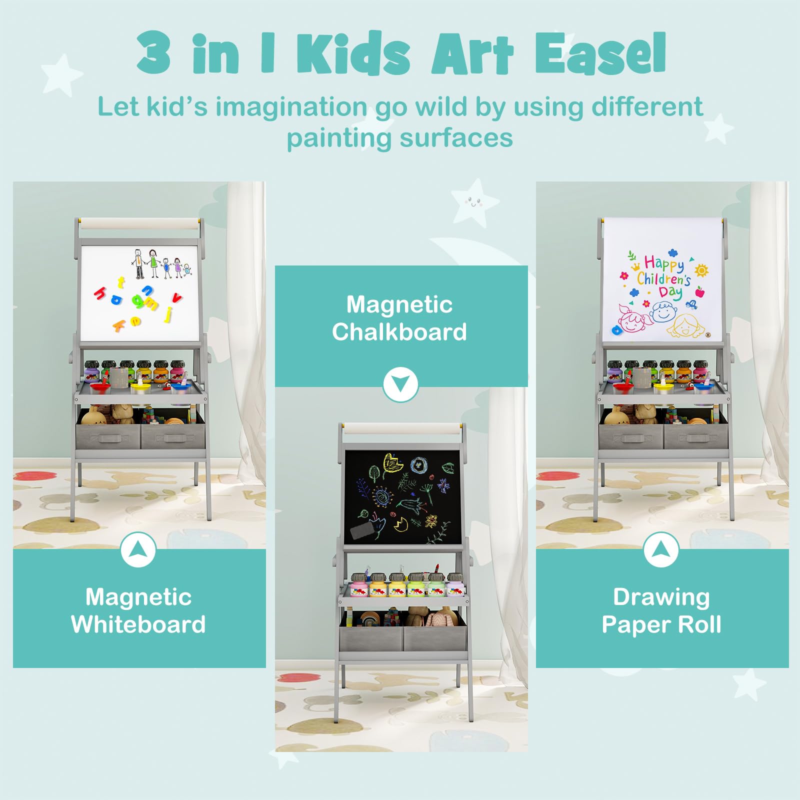 HOGEBABY 3 in 1 Double-Sided Standing Easel with Magnetic Whiteboard - Image 2