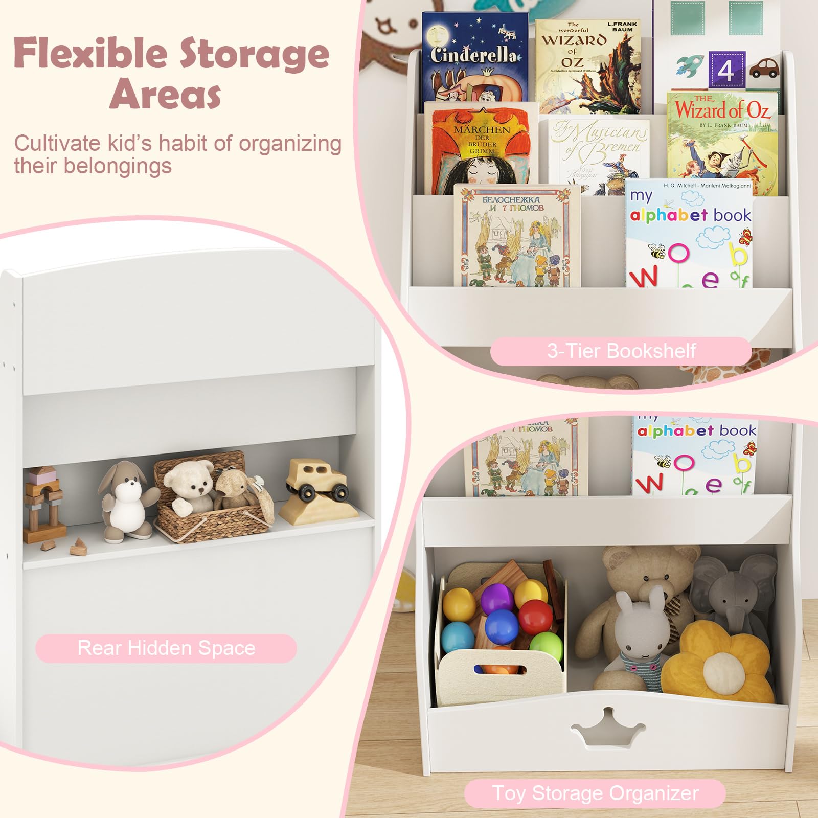 HOGEBABY Kids Bookshelf and Toy Storage, 3-Tier Toddler Bookshelf with Large Storage Cubby - Image 2