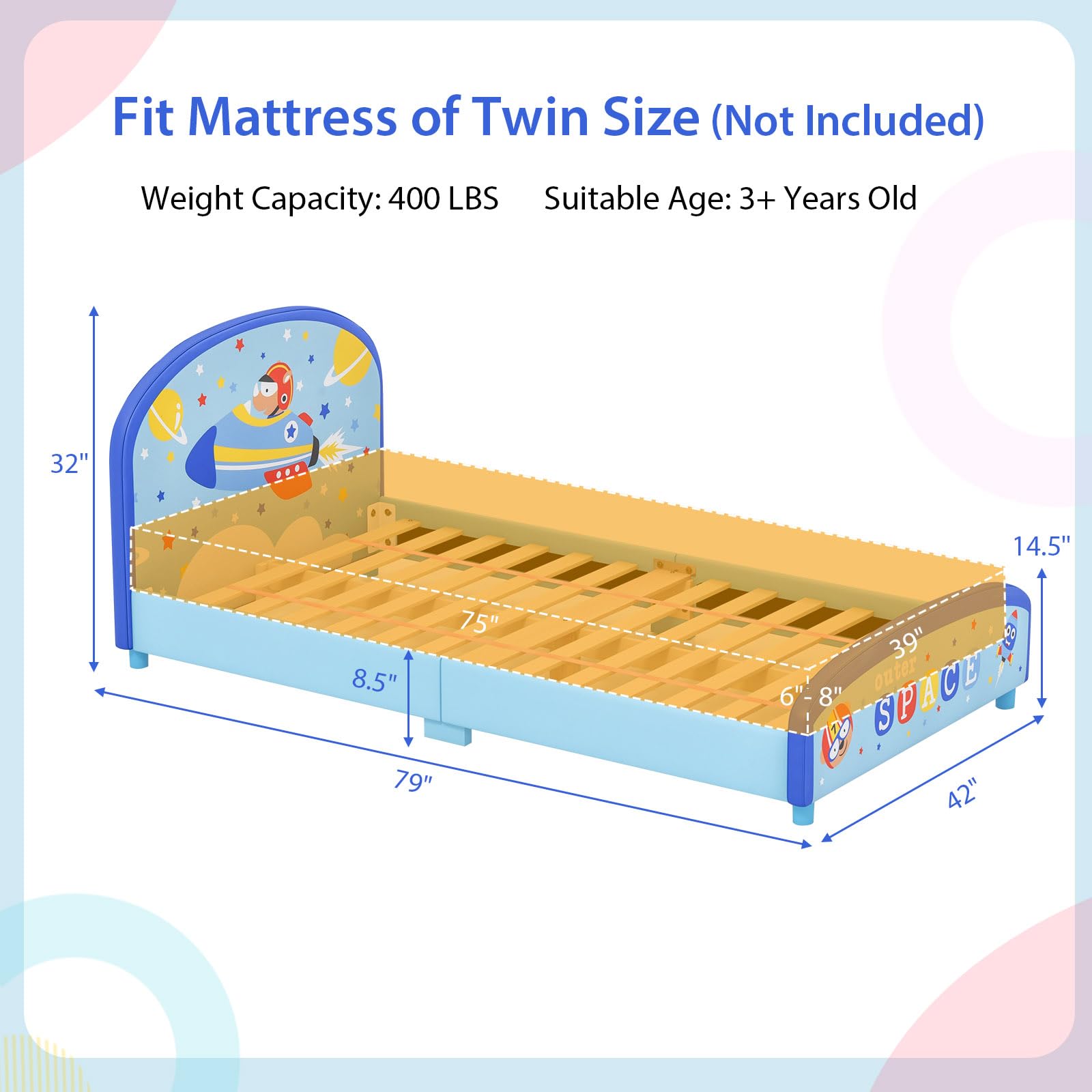 HOGEBABY Twin Bed Frames for Kids, Wood Upholstered Twin Bed Platform with Slat Support, Fits Standard Twin Mattress - Image 4