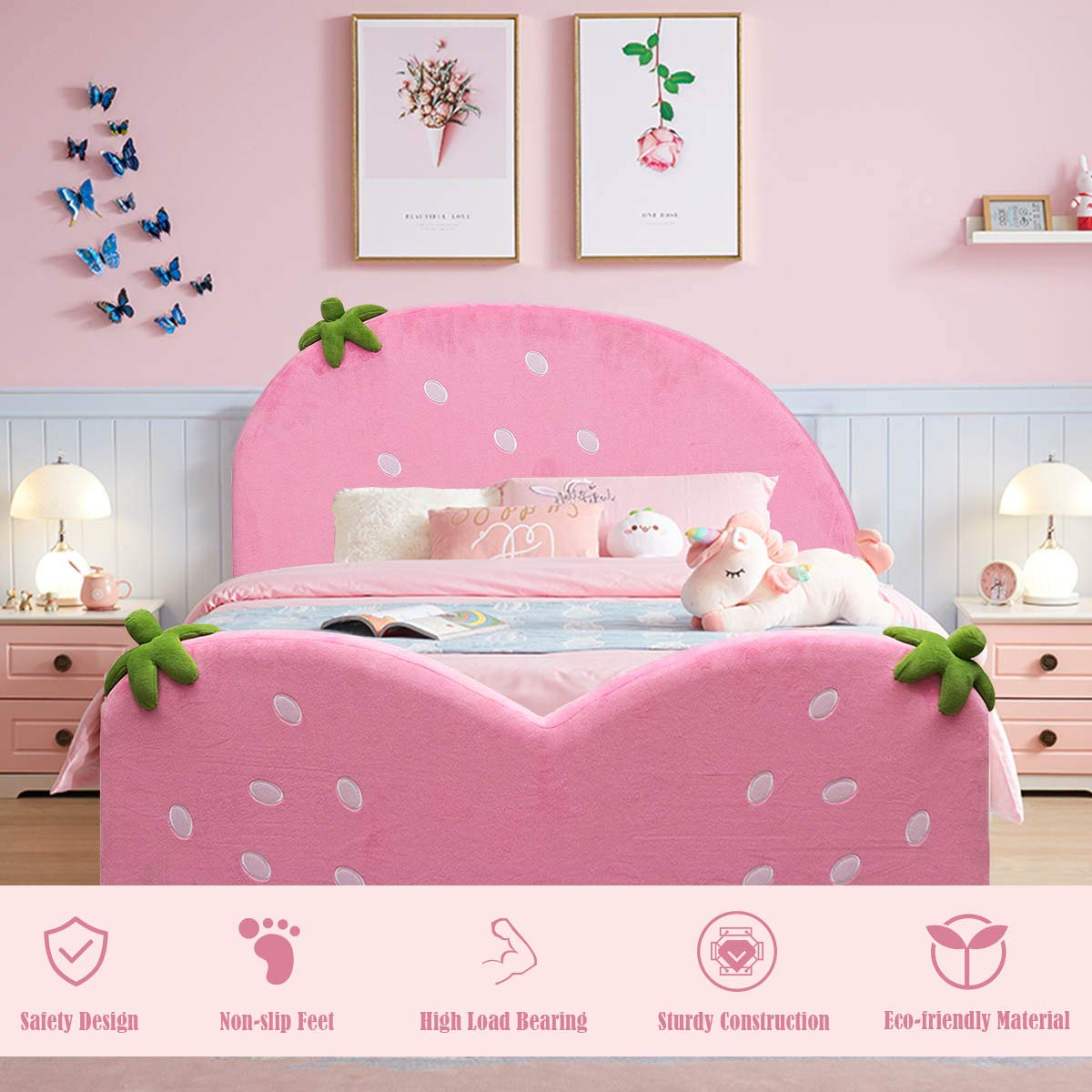 HOGEBABY Kids Bed, Twin Size Upholstered Children Bed Frames w/Velvet Surface & Adjustable Feet - Image 3