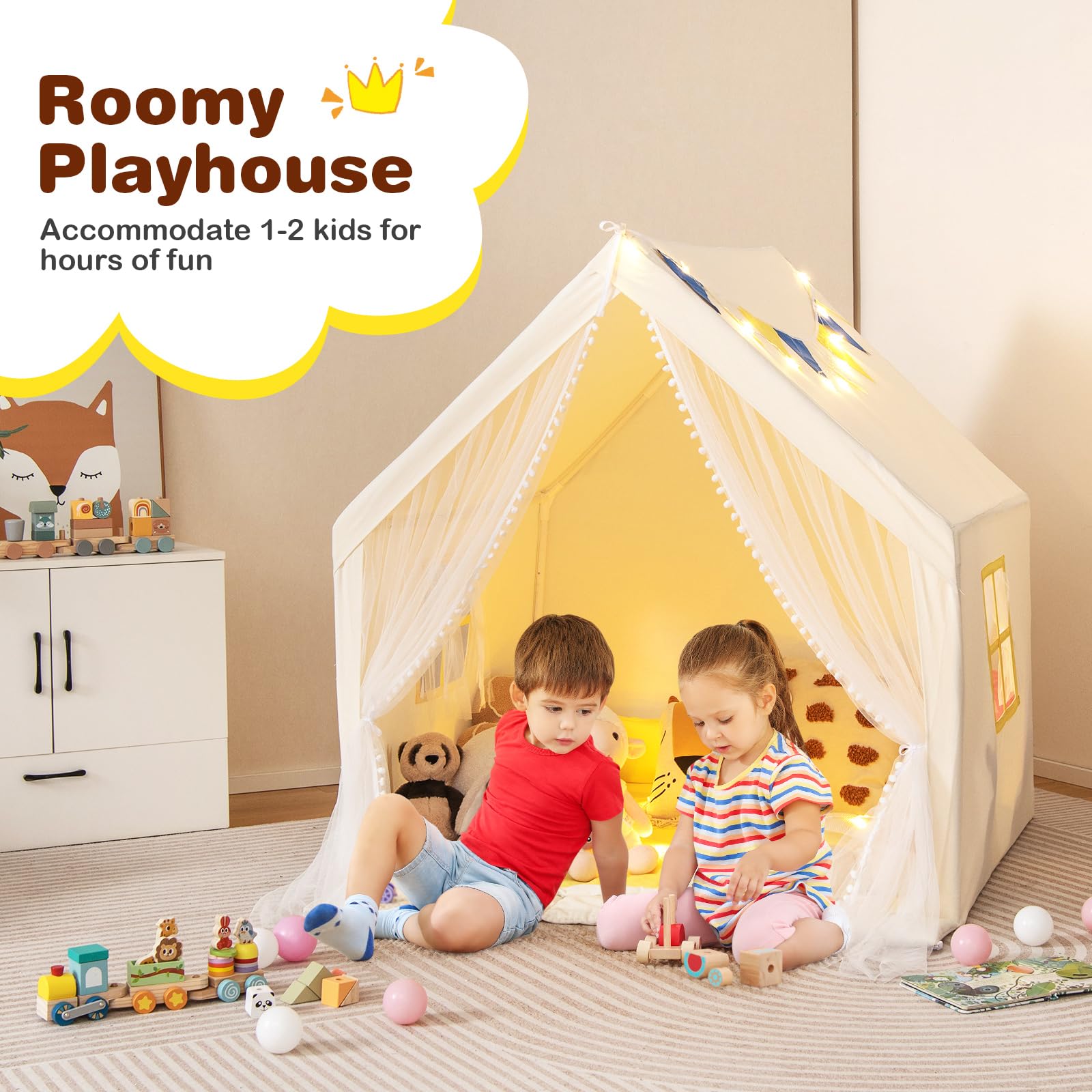 HOGEBABY Kids Tent, Toddler Indoor Outdoor Playhouse w/Windows, Washable Cotton Mat - Image 2