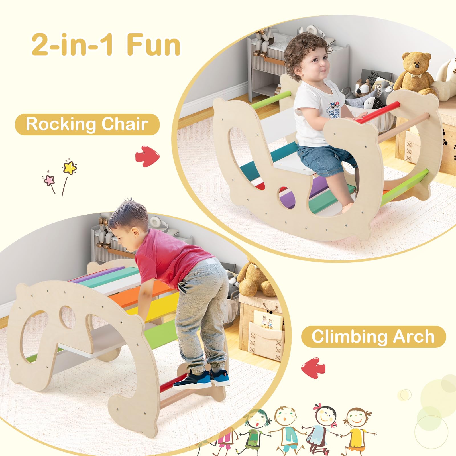 HOGEBABY 2-in-1 Toddler Rocking Arch, Montessori Climbing Set & Wooden Rocking Horse Toy with Backrest & Seat - Image 2