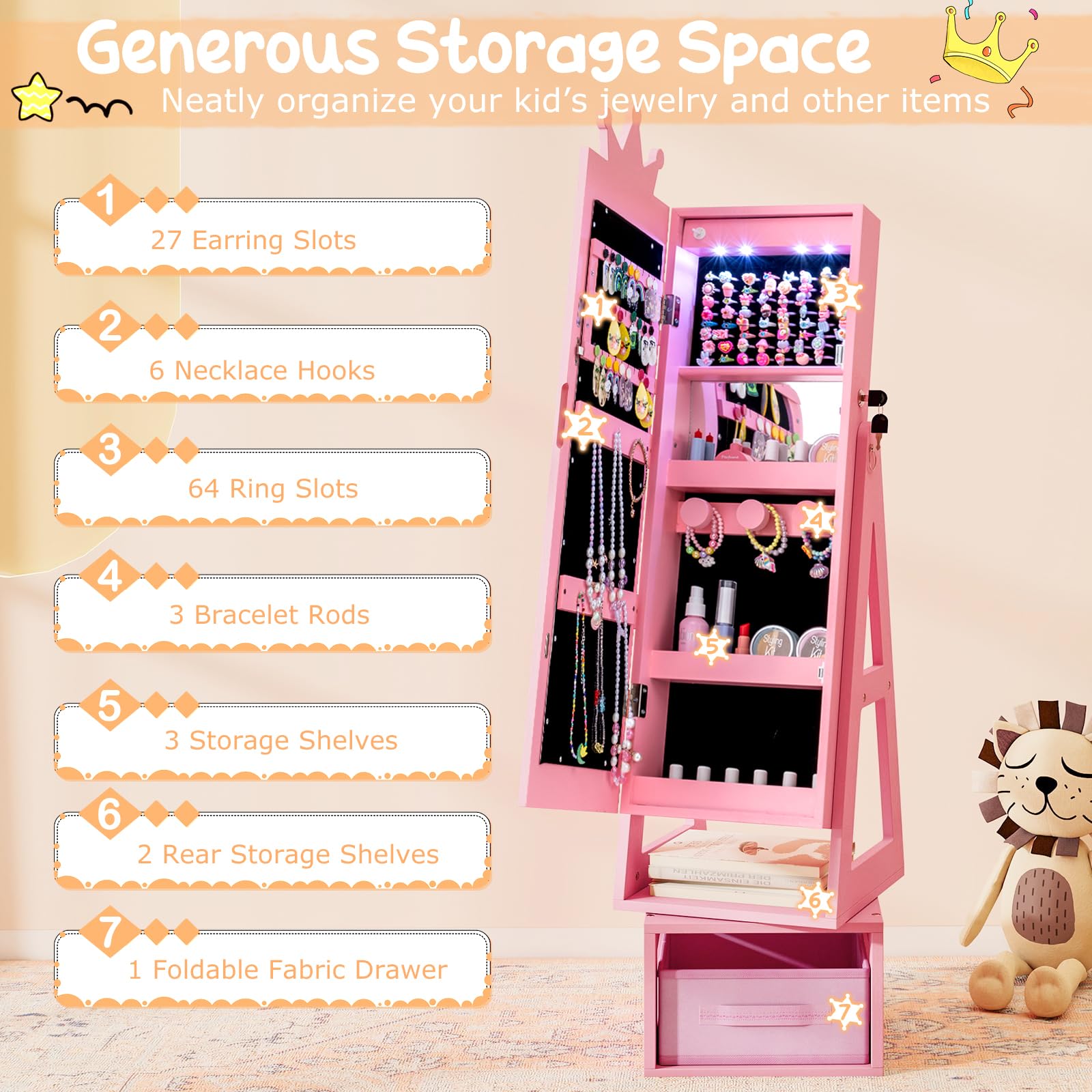 HOGEBABY LED Kids Jewelry Armoire 360 Swivel Jewelry Cabinet with Full Length Mirror - Image 2
