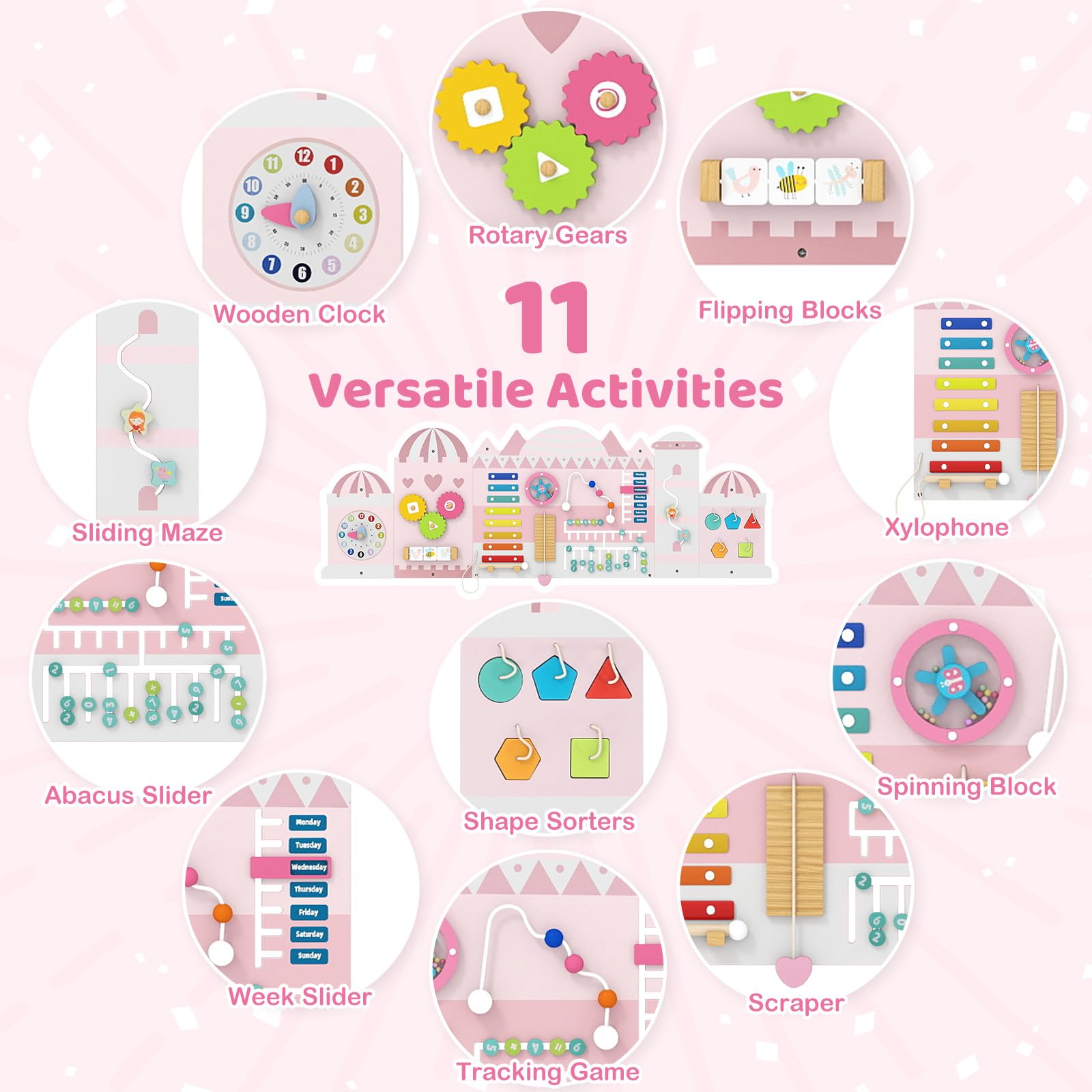 HOGEBABY Activity Wall Busy Board 11-in-1 Montessori Wooden Sensory Board Panels for Boy & Girl 3+ - Image 2