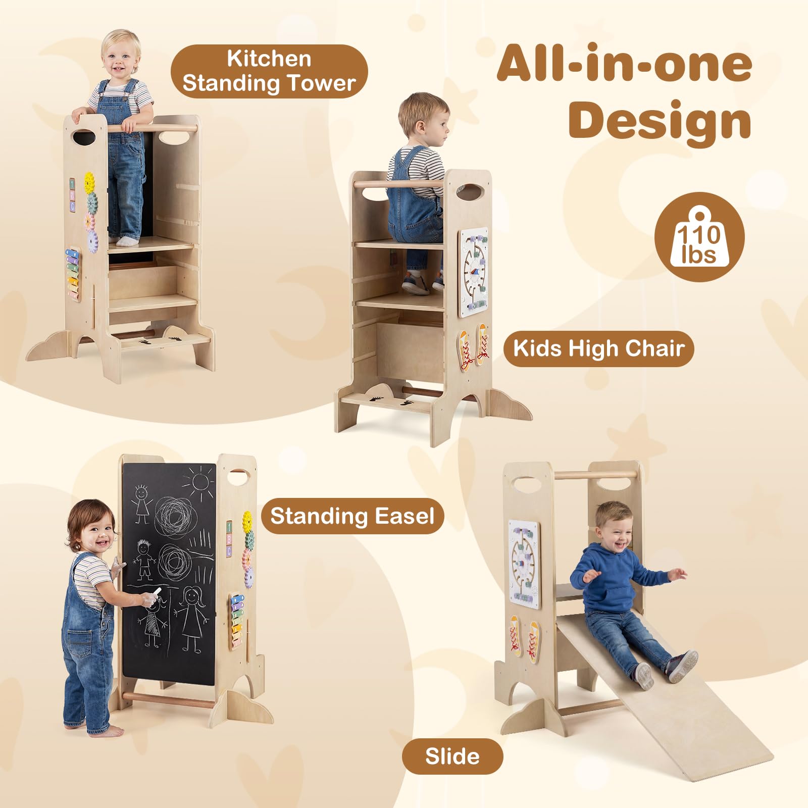 HOGEBABY Wooden Kids Standing Tower Detachable Chalkboard & Montessori Games - Image 3