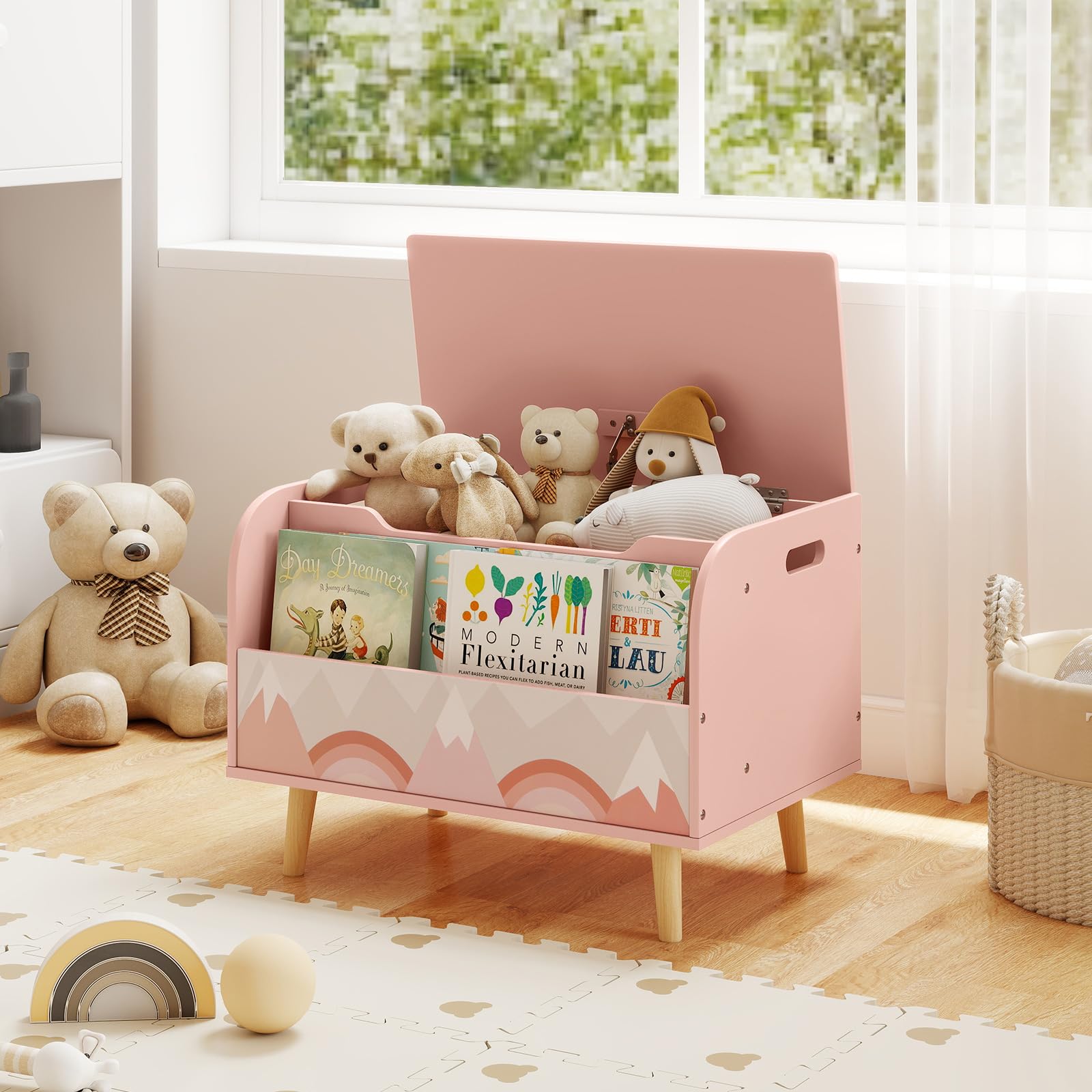 HOGEBABY Kids Wooden Toy Box 4 Solid Wood Legs Flip-top Lid - Image 2