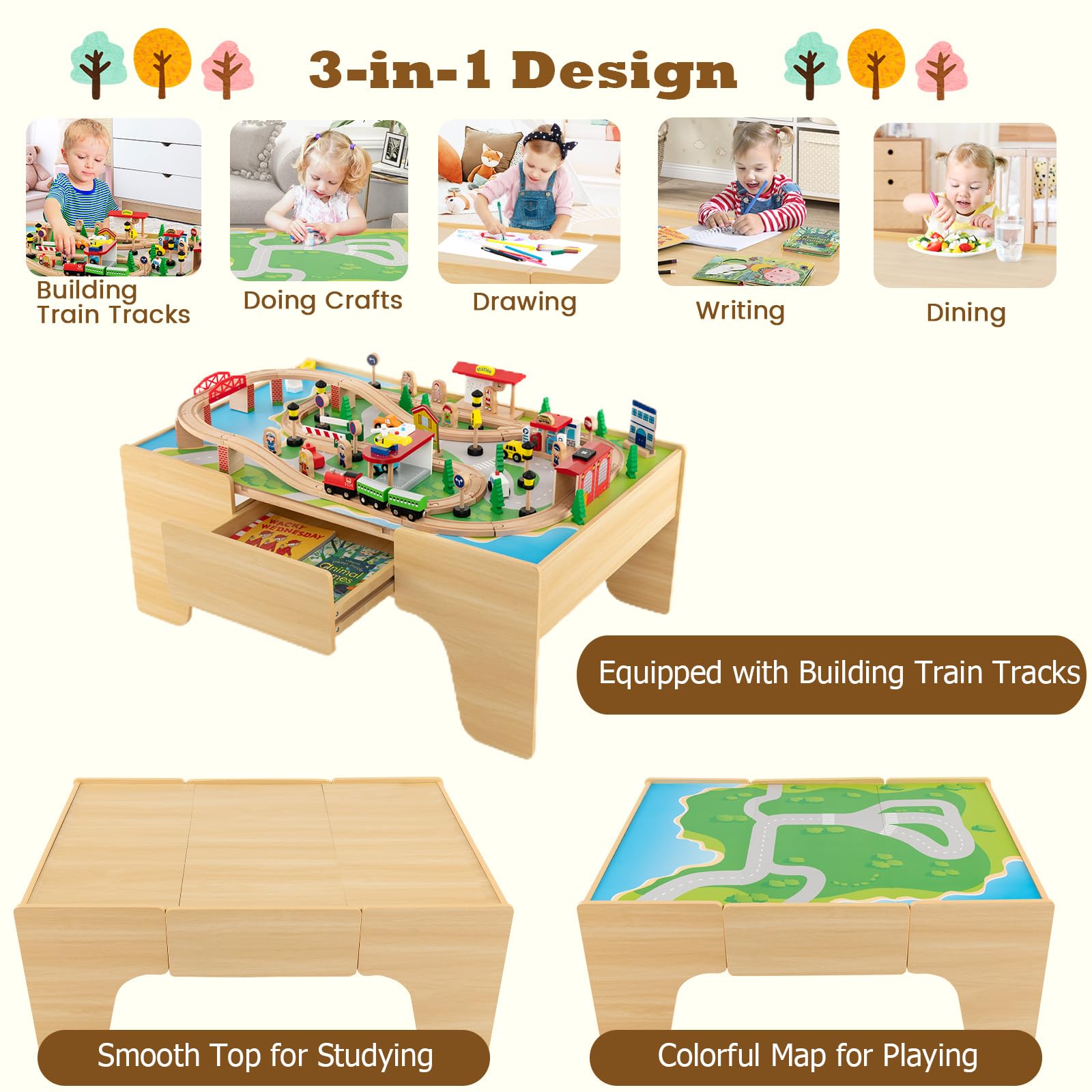 HOGEBABY Train Table, 3-in-1 Wooden Train Set Table with Reversible 84 PCS Track Train Toys, Kids Activity Table for Toddlers - Image 2